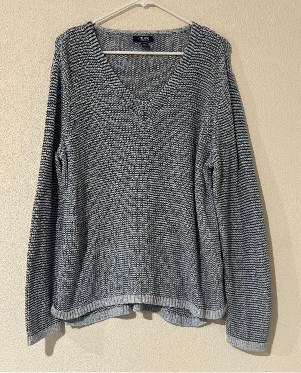Chaps Denim Blue Gray Marled Knit V-Neck Sweater Womens XXL Cotton Subtle Luxury